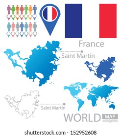 Saint Martin. France. flag. World Map. vector Illustration.