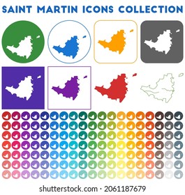 Saint Martin icons collection. Bright colourful trendy map icons. Modern Saint Martin badge with island map. Vector illustration.