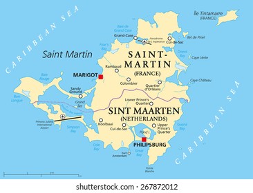 Saint Martin Island Political Map. A Caribbean Island divided between the countries Saint-Martin (France) and Sint Maarten (The Netherlands). Map with capitals and important places. English labeling.