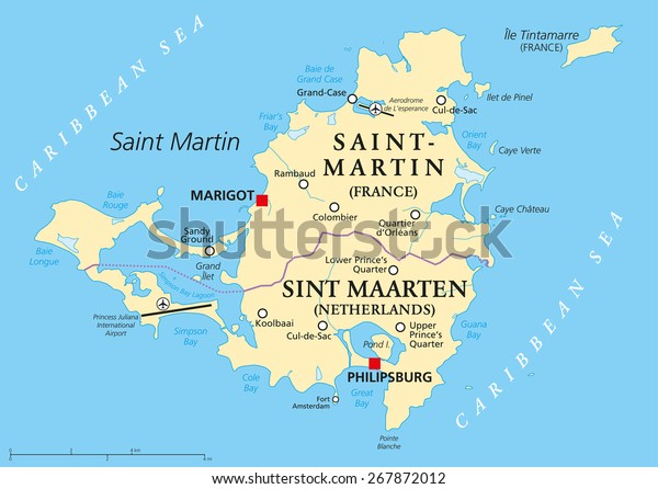 Saint Martin Island Political Map Caribbean Stock Vector (Royalty Free ...