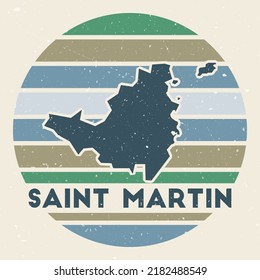 Saint Martin logo. Sign with the map of island and colored stripes, vector illustration. Can be used as insignia, logotype, label, sticker or badge of the Saint Martin.