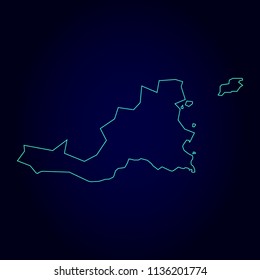 Saint Martin map: blue glitter outline with sparkling stars on dark background. Detailed map of Saint Martin. Vector illustration.