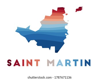 Saint Martin map. Map of the island with beautiful geometric waves in red and blue colors. Vivid Saint Martin shape. Vector illustration.
