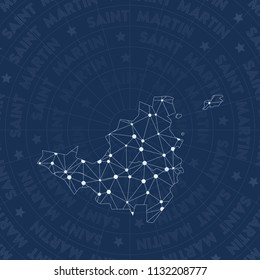 Saint Martin network, constellation-style island map. Imaginative space style, modern design. Saint Martin network map for infographics or presentations.