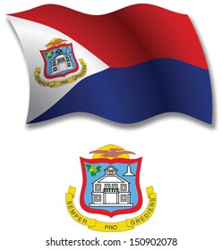 saint martin shadowed textured wavy flag and coat of arms against white background, vector art illustration, image contains transparency transparency