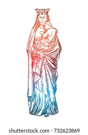 Saint Mary holding baby Jesus Christ, son of God in her hands. Christmas nativity scene for holiday. Color adult flesh tattoo concept. Vector.