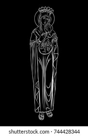 Saint Mary holding baby Jesus. Hand drawn Virgin Mary and Baby Jesus Christ nativity scene. Nativity Christmas graphics design elements. Blackwork adult flesh tattoo concept. Vector.