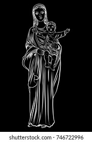 Saint Mary holding baby Jesus. Hand drawn Virgin Mary and Baby Jesus Christ nativity scene. Nativity Christmas graphics design elements. Blackwork adult flesh tattoo concept. Vector.