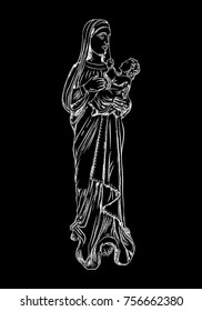 Saint Mary holding baby Jesus. Hand drawn Virgin Mary and Baby Jesus Christ nativity scene. Nativity Christmas graphics design elements. Blackwork adult flesh tattoo concept. Vector.