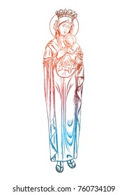 Saint Mary holding baby Jesus Christ, son of God in her hands. Christmas nativity scene for holiday. Color adult flesh tattoo concept. Vector.
