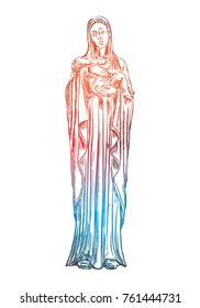 Saint Mary holding baby Jesus Christ, son of God in her hands. Christmas nativity scene for holiday. Color adult flesh tattoo concept. Vector.