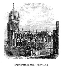 Saint Mary Redcliffe - Anglican church in Bristol, England (United Kingdom). Vintage Engraving from 1890s. Old engraved illustration of the Saint-Mary Redcliffe.