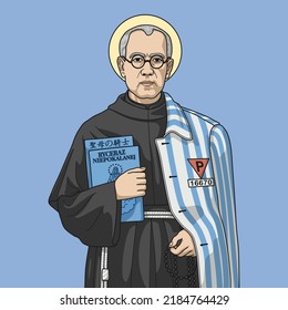 Saint Maximilian Maria Kolbe. Japanese text translation: Knight of Our Lady. Polish text translation: Knight of the Immaculate. 