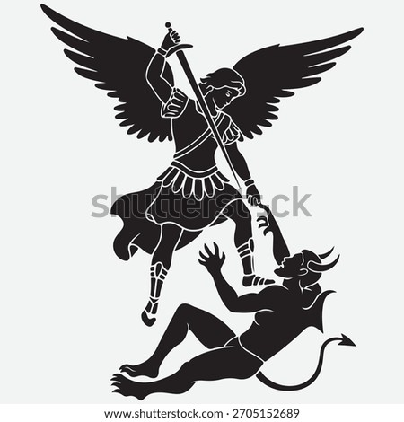Saint Michael the Archangel Defeating the Devil in a Stylized Black and White Illustration