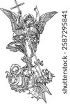 Saint Michael with sword and shield defeating the dragon, detailed vector illustration in a vintage style.
