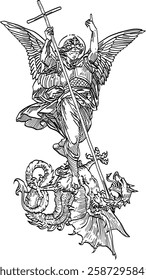 Saint Michael with sword and shield defeating the dragon, detailed vector illustration in a vintage style.