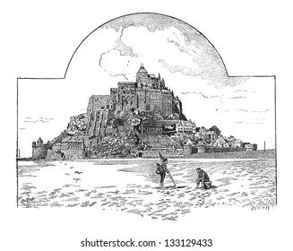 Saint Michael's Mount, in Normandy, France, vintage engraved illustration. Dictionary of Words and Things - Larive and Fleury - 1895