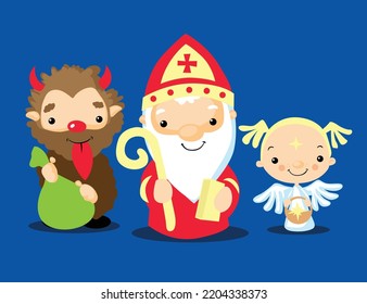 Saint Nicholas, Angel and a Devil Cartoon Illustration Simple Cute Flat Design