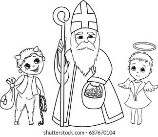 Saint Nicholas, angel, devil characters. Coloring page.