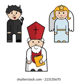 Saint Nicholas, angel and devil colored in a simple style.