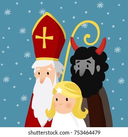 Saint Nicholas with angel, devil and falling snow. Cute Christmas invitation card, vector illustration, winter background.