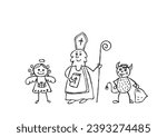 Saint Nicholas, angel and devil, hand drawn illustration