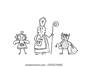 Saint Nicholas, angel and devil, hand drawn illustration