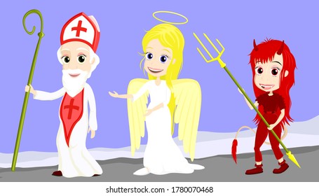 Saint Nicholas with an angel and a devil on the way to the children.St Nicholas day.Cartoon vector illustration