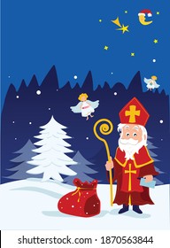 
Saint Nicholas. Saint Nicholas with angels and a bag with gifts. Forest. Illustration for poster or postcard.