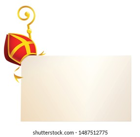 Saint Nicholas attributes miter and golden crosier on board - vector template isolated on transparent background