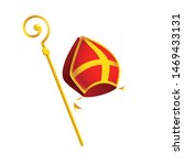 Saint Nicholas attributes mitre and golden crosier stick - isolated on white background
