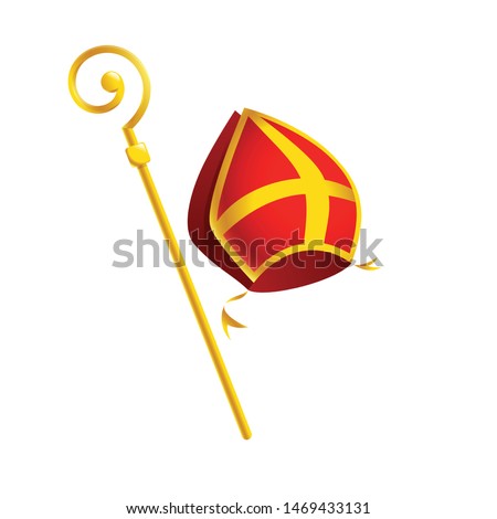 Saint Nicholas attributes mitre and golden crosier stick - isolated on white background