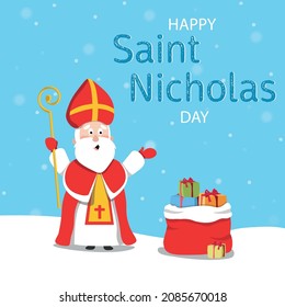 Saint Nicholas with a bag of gifts. Happy Saint Nicholas day. Vector illustration