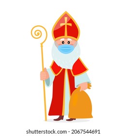 Saint Nicholas with a bag of gifts in a medical mask. the concept of distancing and lockdown during covid-19 quarantine. Xmas during the epidemic