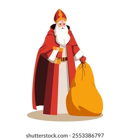 Saint Nicholas with a Bag of Gifts. Vector Illustration Flat Design.