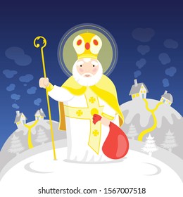 Saint Nicholas brings gifts. The winter holidays. Christmas. Vector, illustration.