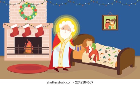 Saint Nicholas brought a gift to the child to the bed