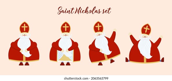 Saint Nicholas celebrate the holidays - isolated on white background. St. Nicholas character set