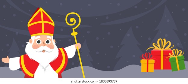 Saint Nicholas celebrate holidays on winter landscape - banner