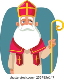 
Saint Nicholas Character Holding his Scepter Vector Cartoon Illustration. Portrait of a traditional saint from cultural heritage legend  
