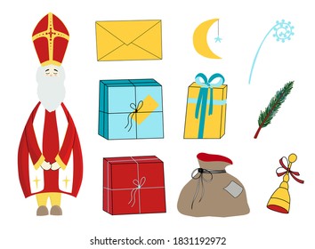 Saint Nicholas, character isolated on white background. Happy saint nicholas day. Elements for the holiday. Stickers, clipart