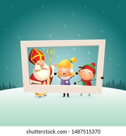 Saint Nicholas and children girl and boy with photo frame - winter scene background