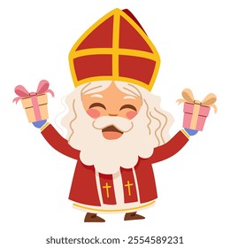 Saint Nicholas Christmas character with gifts vector illustration. Traditional Santa Claus mascot person holding holiday presents