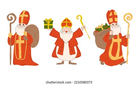 Saint Nicholas christmas characters vector set. Saint Nicholas christmas characters with standing pose and happy expression holding gifts . xmas design collection. Vector illustration
