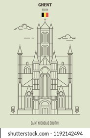 Saint Nicholas Church in Ghent, Belgium. Landmark icon in linear style