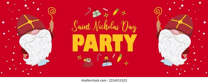 Saint Nicholas Day banner horizontal. Web banner saint nicholas. Cute old man character in red miter. Priest with shepherd's crook.