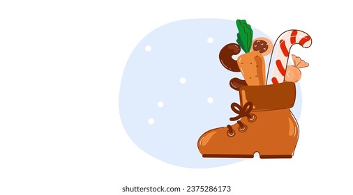 Saint Nicholas day banner. Sinterklaas Dutch holiday set icon.Sinterklaas's face, gift boxes, carrot, candies,  cookies, chocolate and shoe. Cartoon vector illustration.