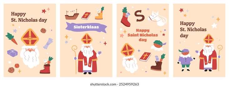 Saint Nicholas day cards set. Doodle sinterklaas holiday characters and elements. Hand drawn cute horse, little piet, ship, cookies and carrots in shoes. Greeting banners and invitations collection.