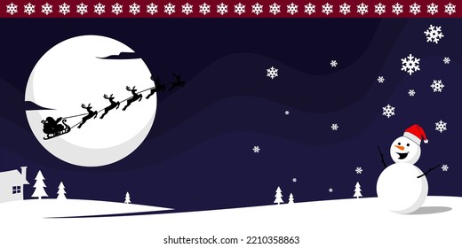 Saint Nicholas Day and copy space area. winter landscape at night with flying santa clous and toy snowman. Merry Christmas Background