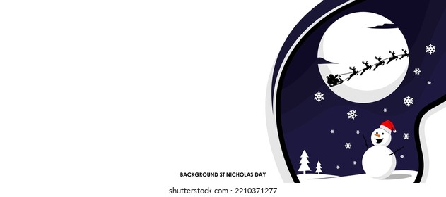Saint Nicholas Day and copy space area. winter landscape at night with flying santa clous and toy snowman. Merry Christmas Background, banner, flyer, Website, Leaflet, Greeting card